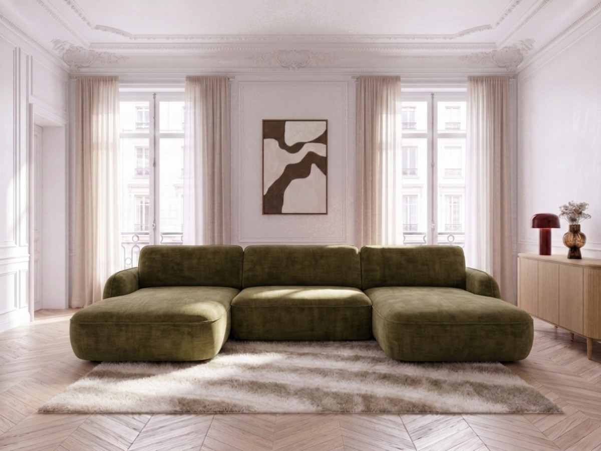 Canapé panoramique Céleste vert olive dans un salon lumineux