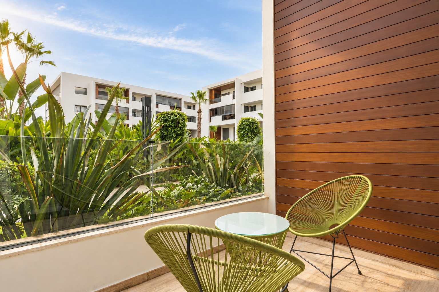 Terrasse aux fauteuils verts