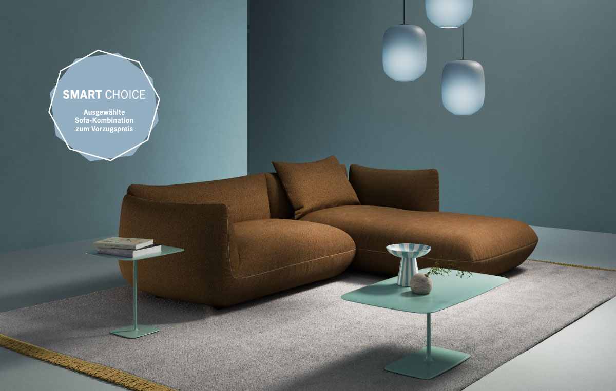 Composition Jalis brune avec méridienne dans un salon bleu, avec un macaron Smart Choice.