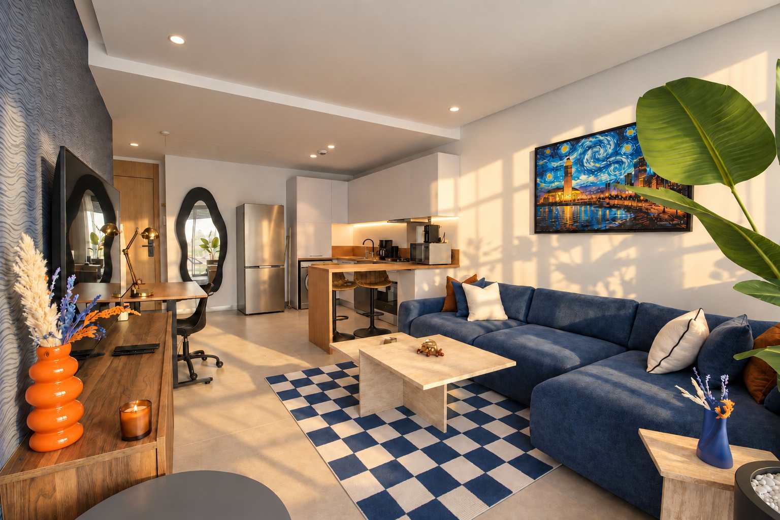 Séjour bleu, tapis à damier, tables claires et comptoir cuivré