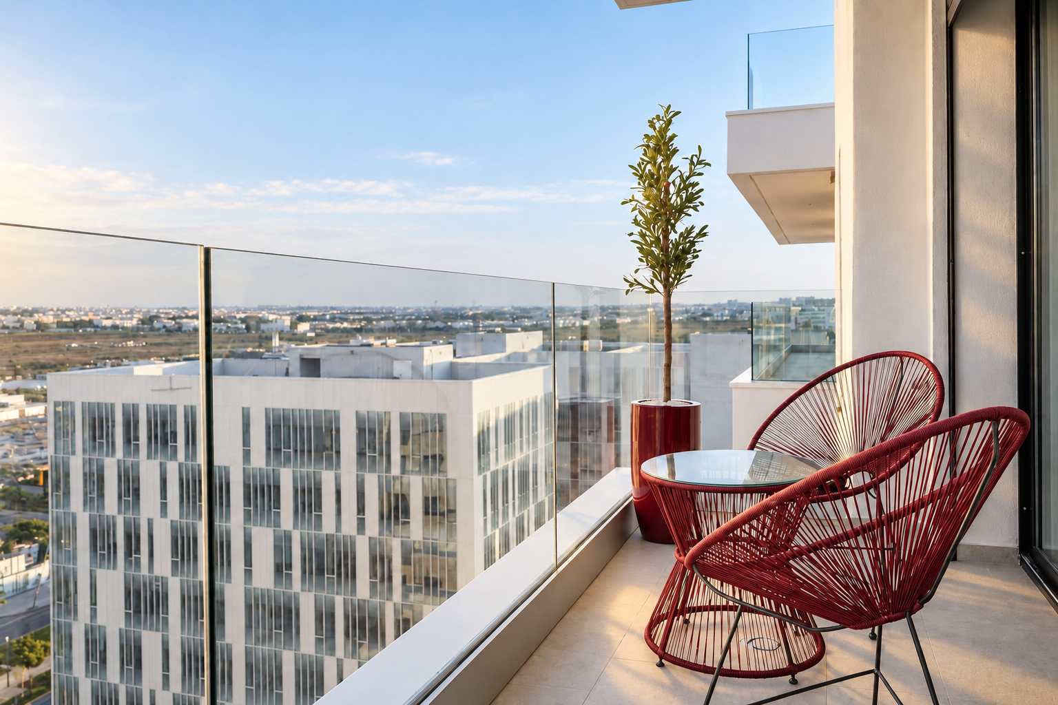 Terrasse aux fauteuils bordeaux et vue urbaine