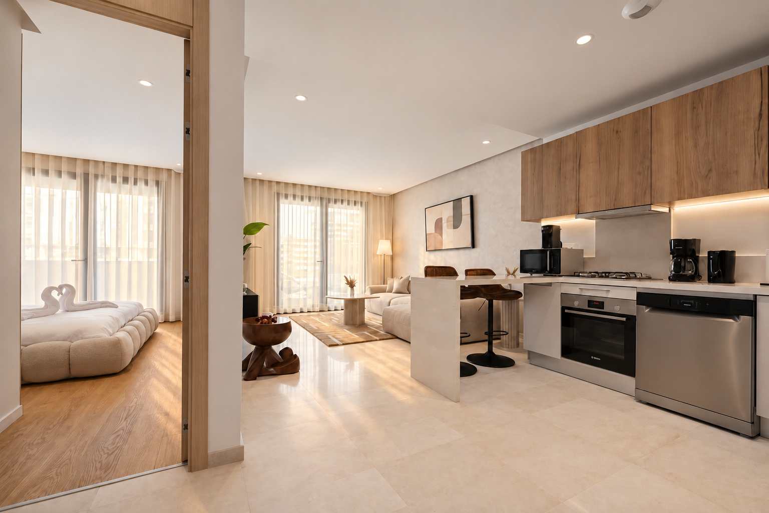 Cuisine ouverte et aperçu de la chambre