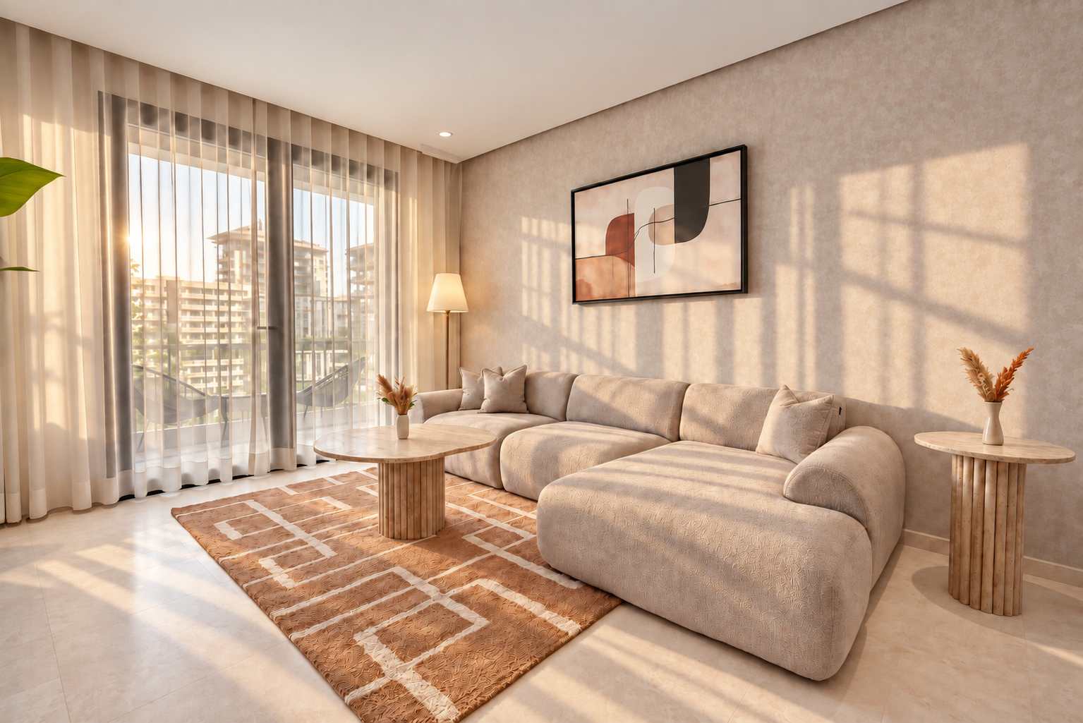Aménagement intérieur du studio aux tons sable et bois : photographie 2, Casablanca